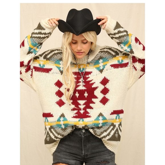 Shop_Fig Sweaters - New Cozy Yellowstone Tribal Aztec Printed Pullover Crew Sweater